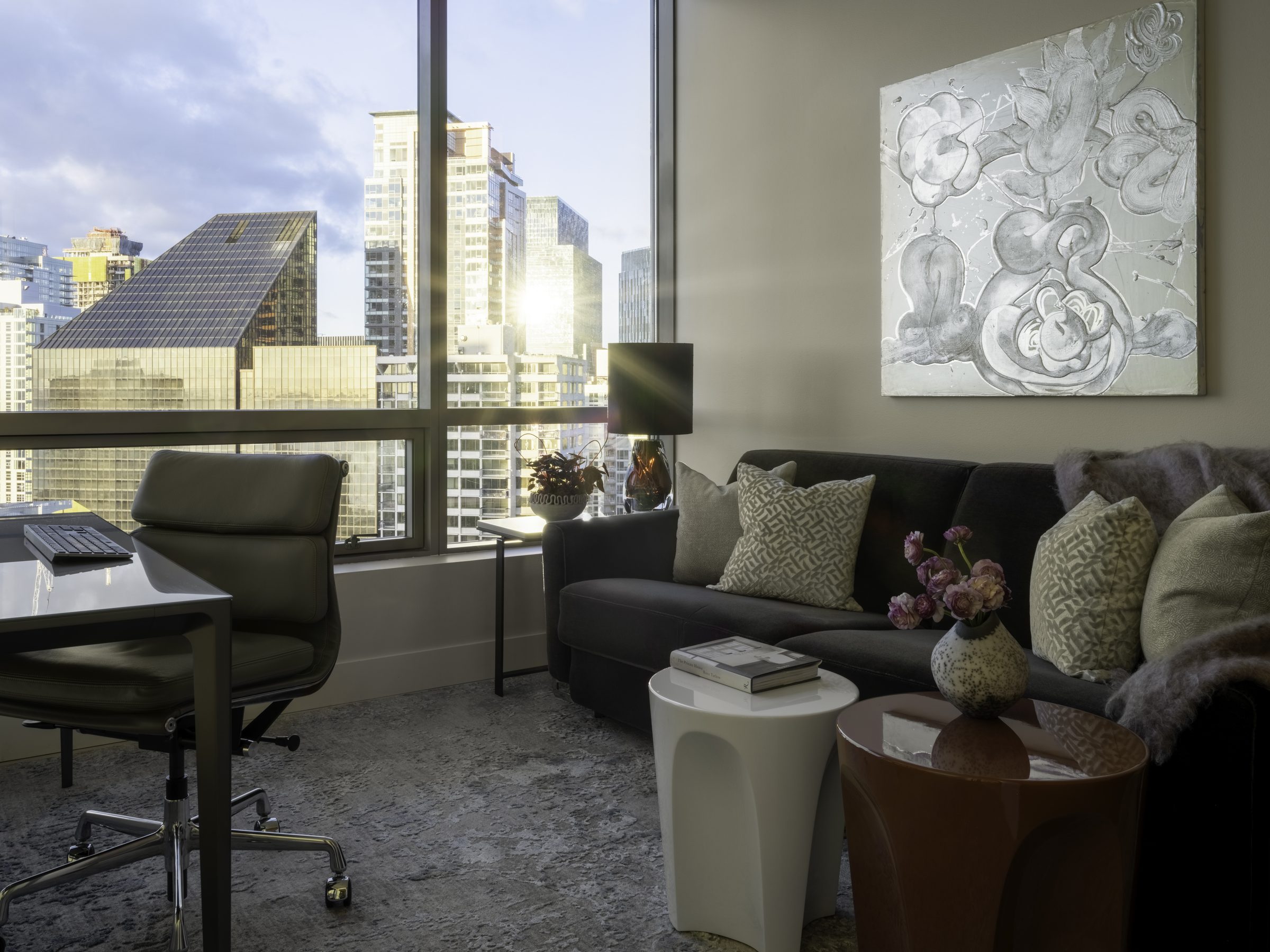 Serene bedroom interior with natural light, Downtown Sanctuary — Downtown, Seattle